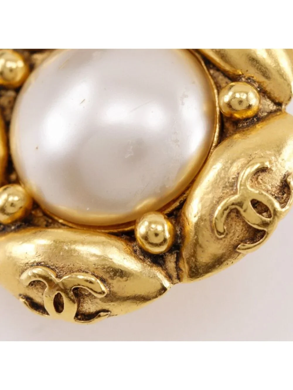 Chanel CC Logo Flower Vintage Gold Plated Faux Pearl Earrings